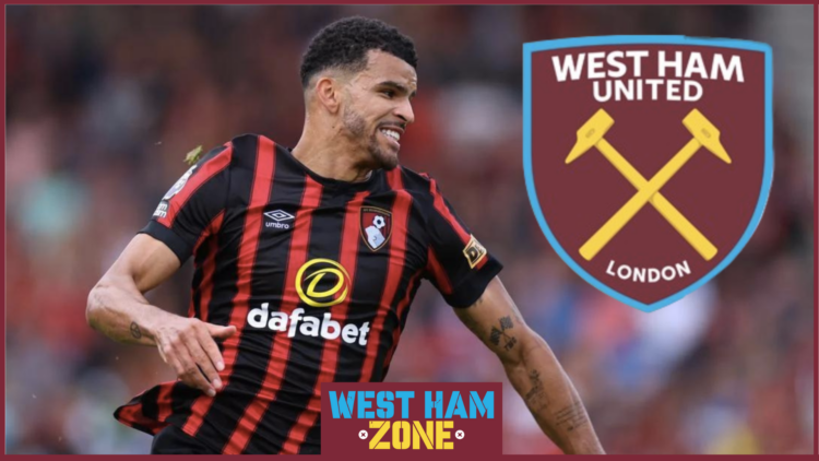 Dominic Solanke and West Ham United crest