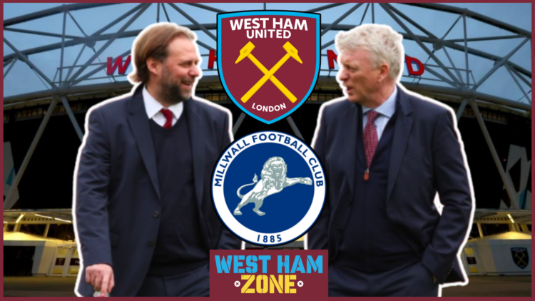 Tim Steidten and David Moyes at London Stadium with West Ham United and Millwall badges.