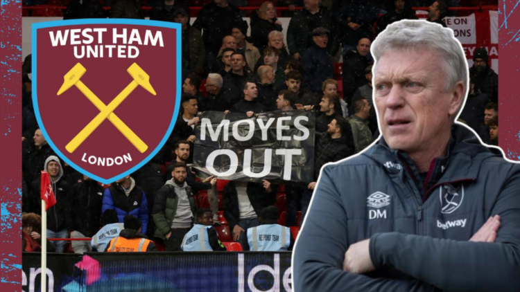 West Ham manager David Moyes with fans holding a sign saying 'Moyes Out'