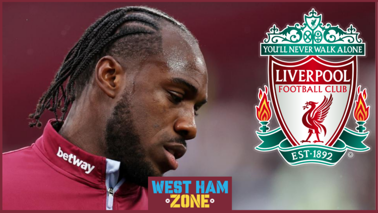 West Ham striker Michail Antonio and a Liverpool badge