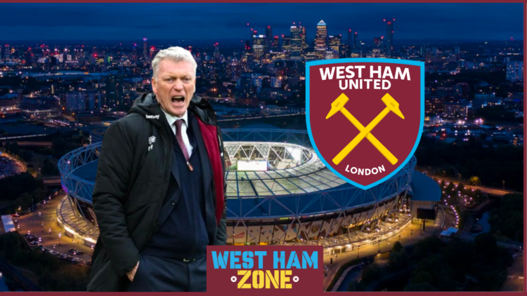 West Ham badge and David Moyes at the London Stadium