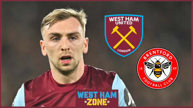 Jarrod Bowen with West Ham and Brentford badges
