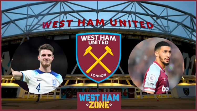 Said Benrahma and Declan Rice with West Ham badge