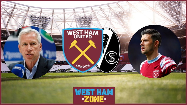 Alan Pardew and Aaron Cresswell at West Ham v Freiburg