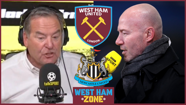 Jeff Steling and Alan Shearer with West Ham and Newcastle United badges