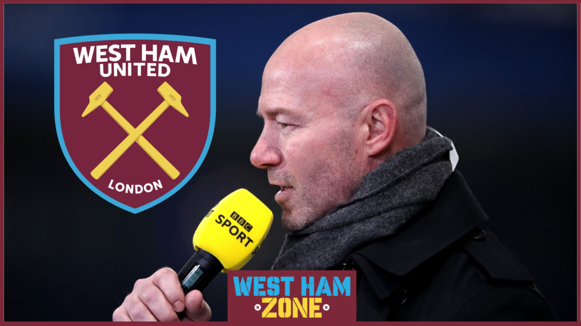 Alan Shearer with West Ham United crest