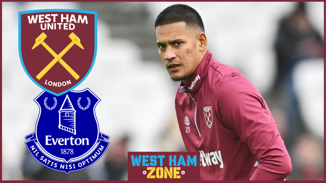 Alphonse Areola with West Ham and Everton badges