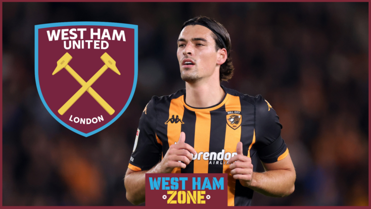 Hull defender Jacob Greaves with West Ham crest.