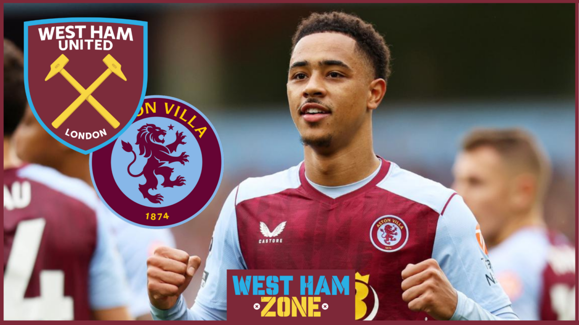 Jacob Ramsey with West Ham and Aston Villa badges