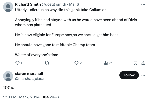 West Ham ace Callum Marshall's dad on Twitter