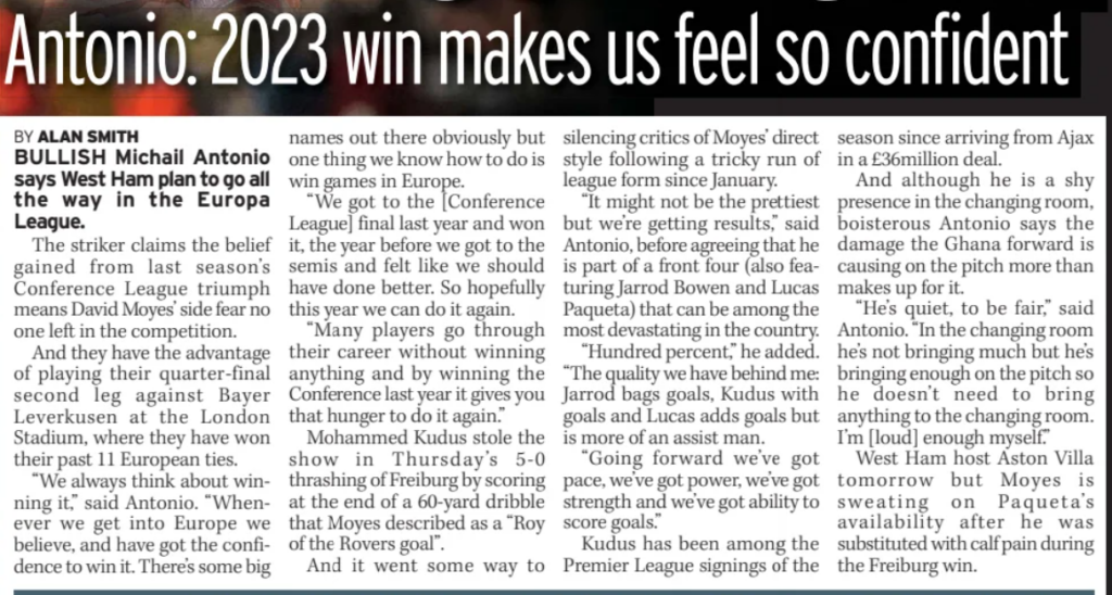 West Ham, Mohammed Kudus, Michail Antonio, The Mirror