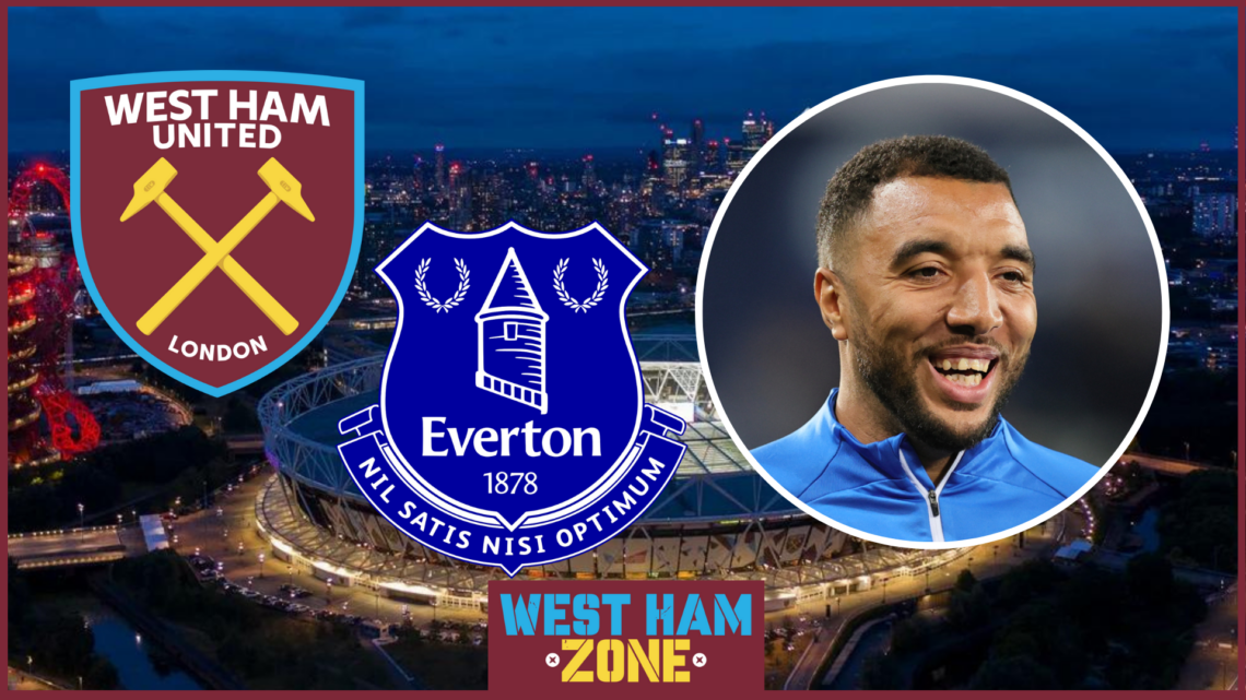 Troy Deeney with West Ham and Everton badges