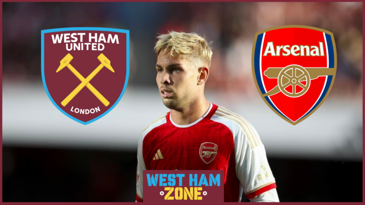 Emile Smith Rowe with West Ham and Arsenal badges