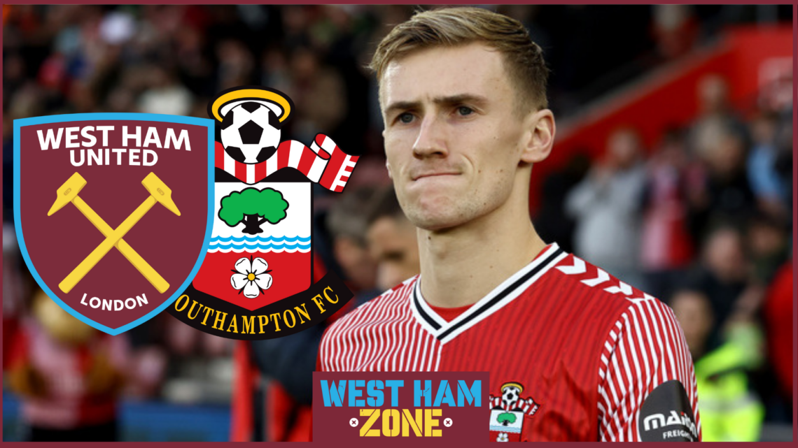 Flynn Downes with West Ham and Southampton badges