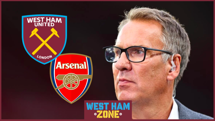 Paul Merson with West Ham and Arsenal badges