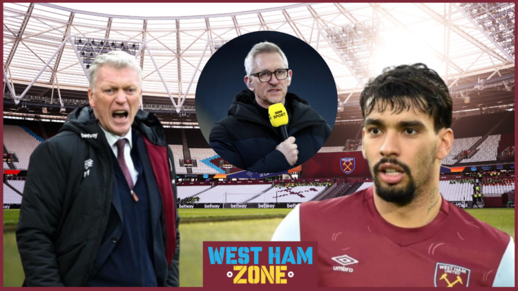 Lucas Paqueta, David Moyes and Gary Lineker at the London Stadium