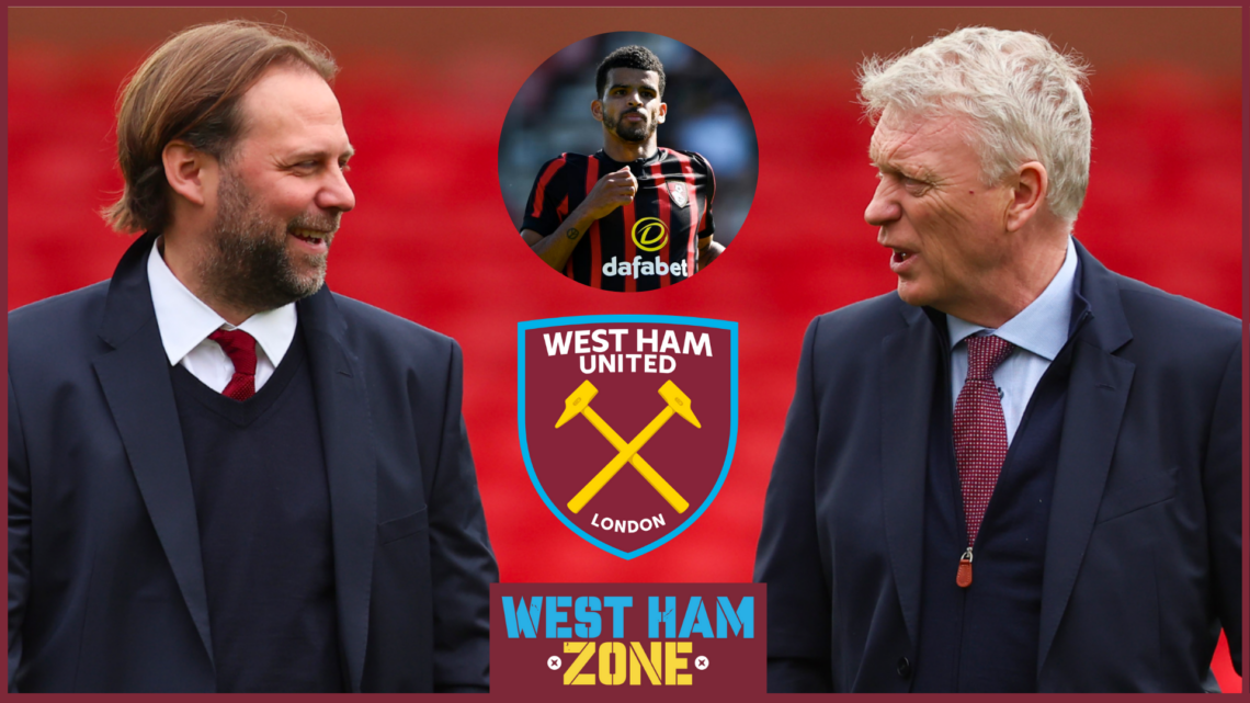 David Moyes, Tim Steidten and Dominic Solanke with West Ham badge