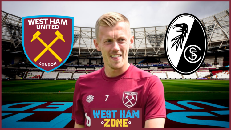 James Ward-Prowse with West Ham and Freiburg badges