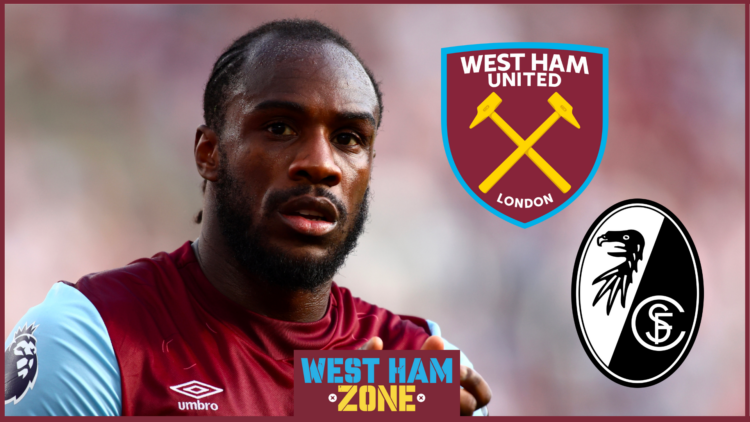 Michail Antonio with West Ham and Freiburg badges