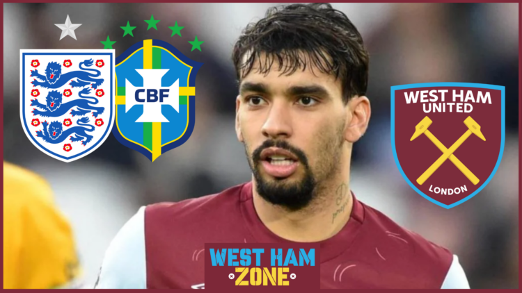 Lucas Paqueta with West Ham, Brazil and England badges