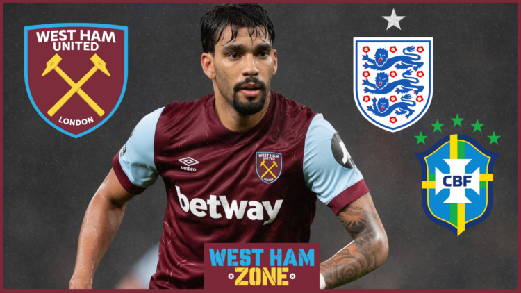 Lucas Paqueta with West Ham, England and Brazil badges