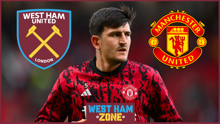 Harry Maguire with West Ham and Manchester United badges