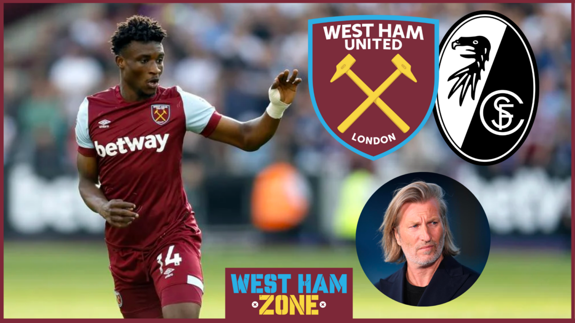 Mohammed Kudus and Robbie Savage with West Ham and Freiburg badges