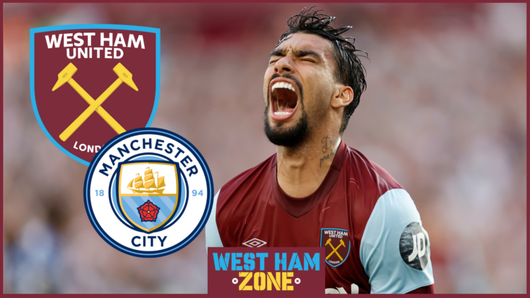 West Ham United and Manchester City badges and Lucas Paqueta