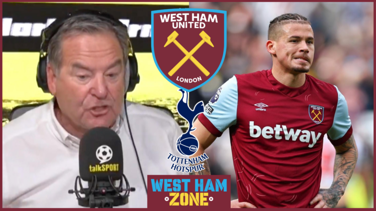 Jeff Stelling, Kalvin Phillips and badges of West Ham and Tottenham
