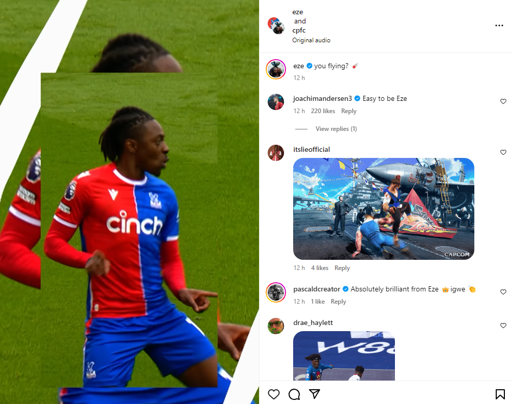 Ebere Eze Instagram after Crystal Palace v West Ham