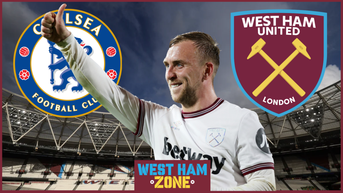 Jarrod Bowen, West Ham and Chelsea crests
