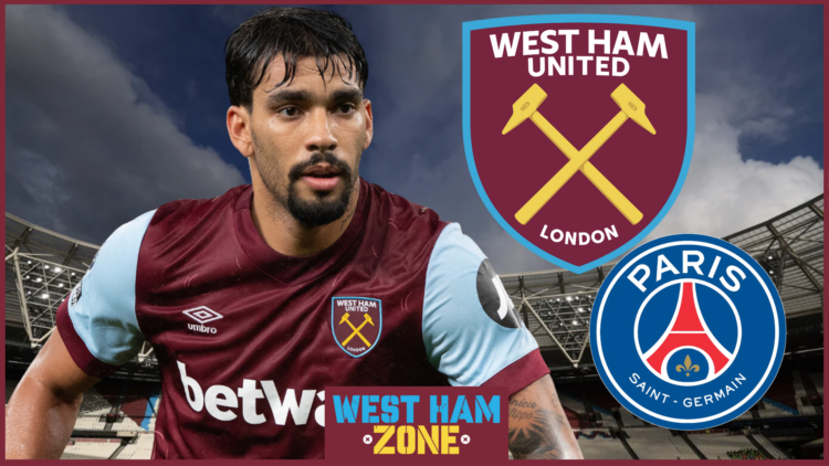 Lucas Paqueta, West Ham, PSG crests