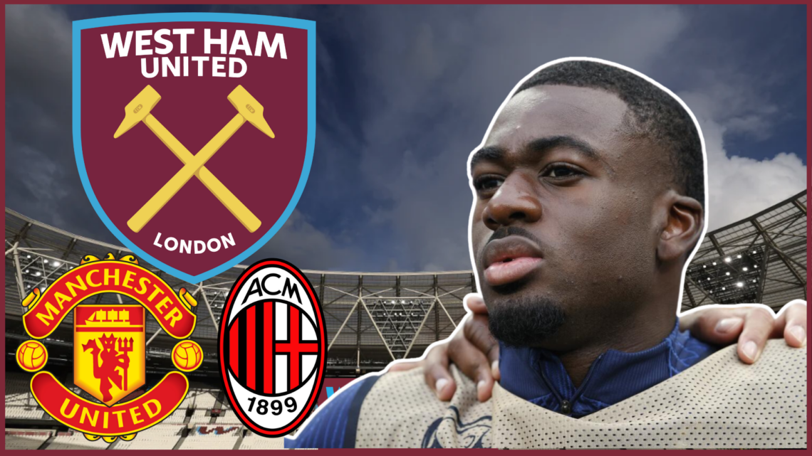Youssouf Fofana, West Ham, Man United and AC Milan crest