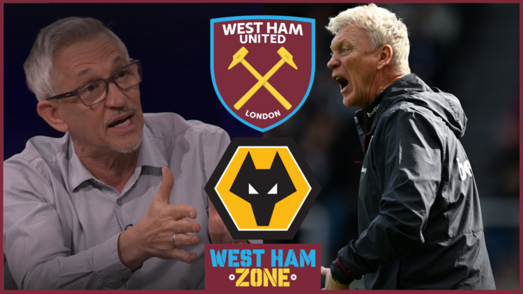 Gary Lineker on Match of the Day plus badges of West Ham United and Wolves.
