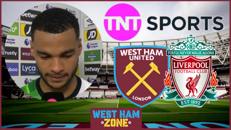 Cody Gakpo, Liverpool badge, West Ham badge, TNT Sports logo