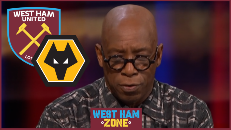 Ian Wright on Match of the Day plus badges of West Ham United and Wolves.