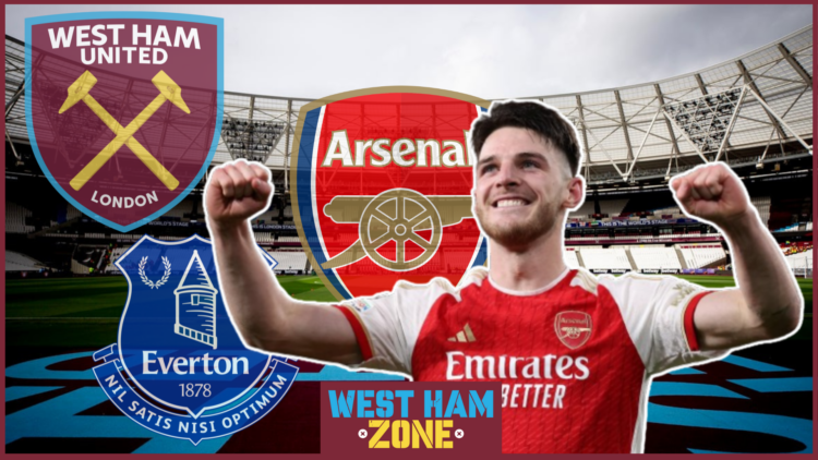 Declan Rice, West Ham badge, Everton badge, Arsenal badge