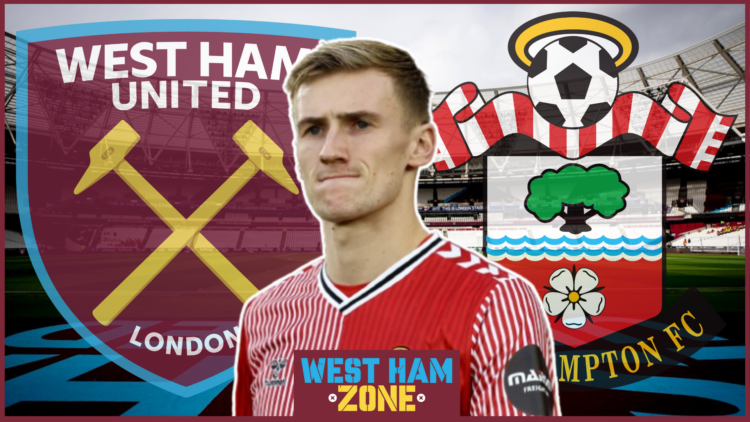 Flynn Downes, West Ham badge, Southampton badge, London Stadium