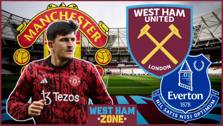 Harry Maguire, Manchester United badge, West Ham badge, Everton badge