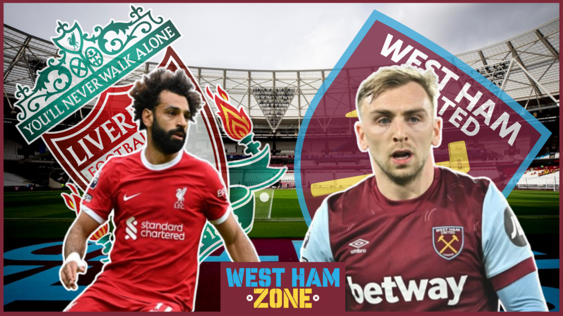 Jarrod Bowen, Mohamed Salah, West Ham badge, Liverpool badge