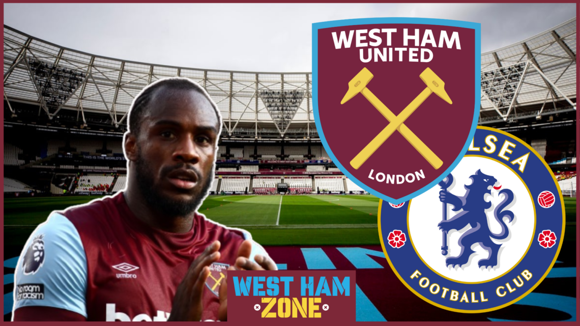 Michail Antonio, West Ham badge, Chelsea badge, London Stadium