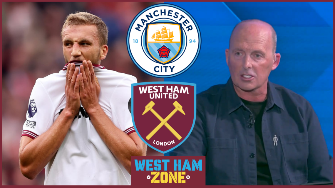 Tomas Soucek, Mike Dean, West Ham badge, Manchester City badge