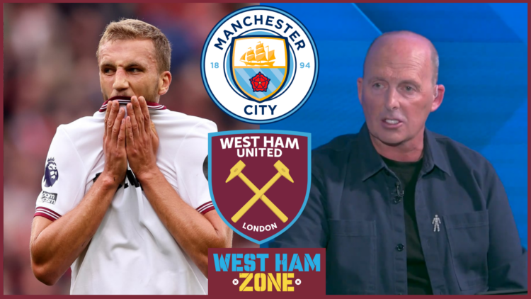 Tomas Soucek, Mike Dean, West Ham badge, Manchester City badge