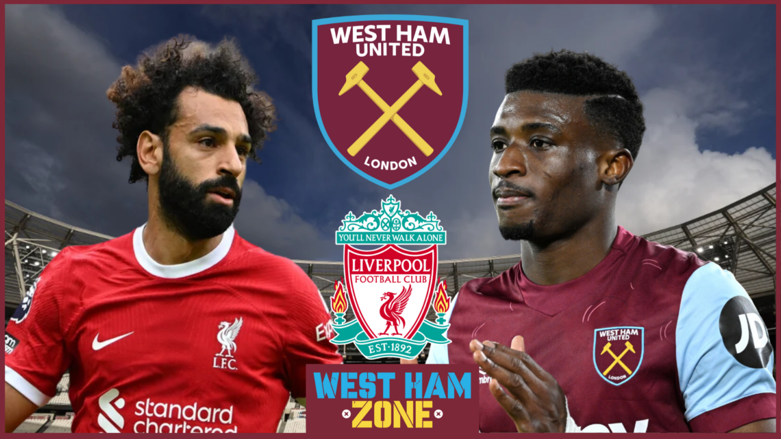Mohammed Salah, Mohammed Kudus, West Ham and Liverpool crests