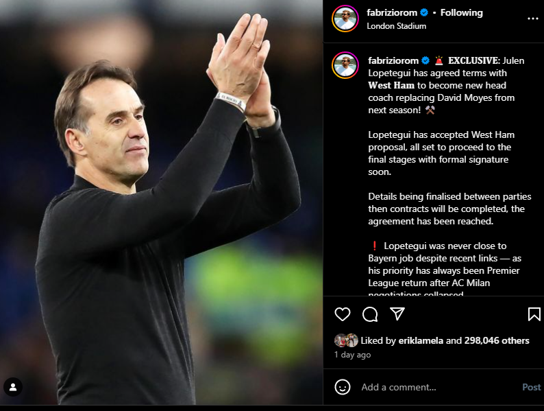 West Ham, Julen Lopetegui, Erik Lamela, Fabrizio Romano