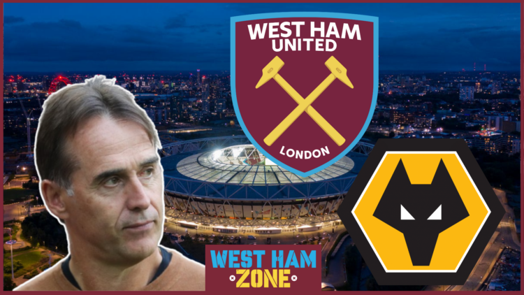 Julen Lopetegui, West Ham badge, Wolves badge
