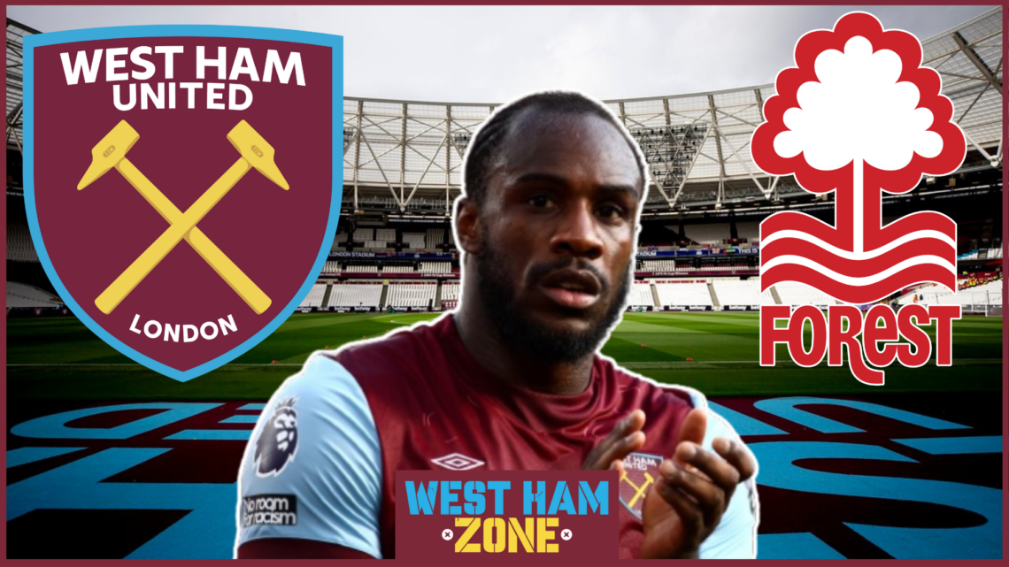 Michail Antonio, West Ham badge, Nottingham Forest badge