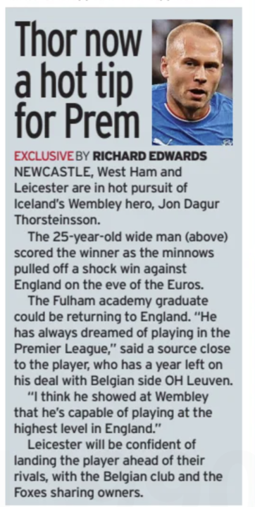 Jon Dagur Thornsteinsson, West Ham Sunday Mirror