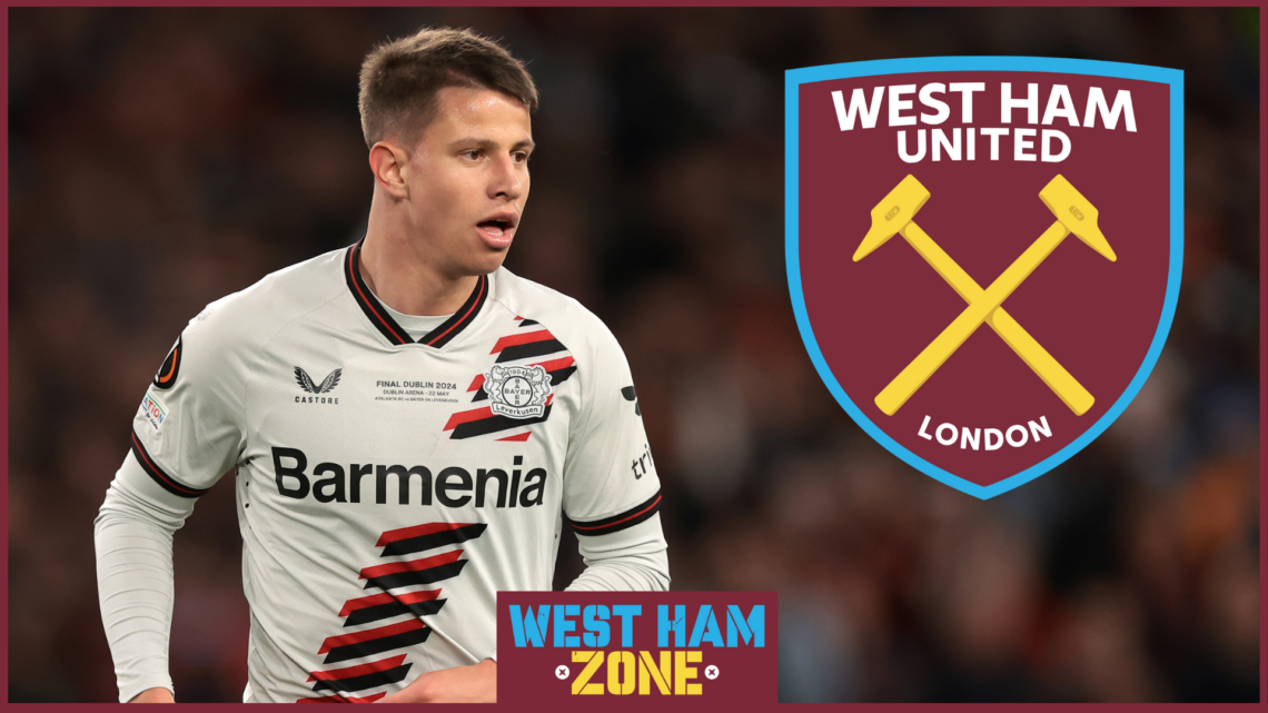 West Ham logo and Bayer Leverkusen striker Adam Hlozek.