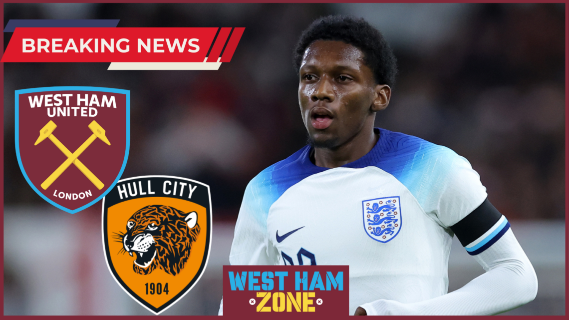 Jaden Philogene, West Ham United badge, Hull City badge